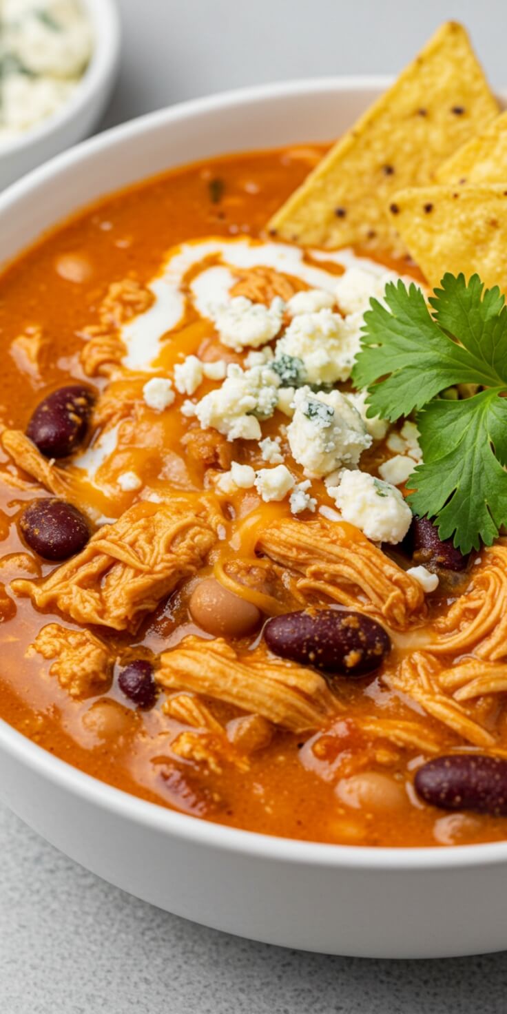 Perfect for game day or chili season, this Buffalo Chicken Chili brings the heat with hot sauce, tender shredded chicken, and a creamy finish. A bold twist on comfort food.