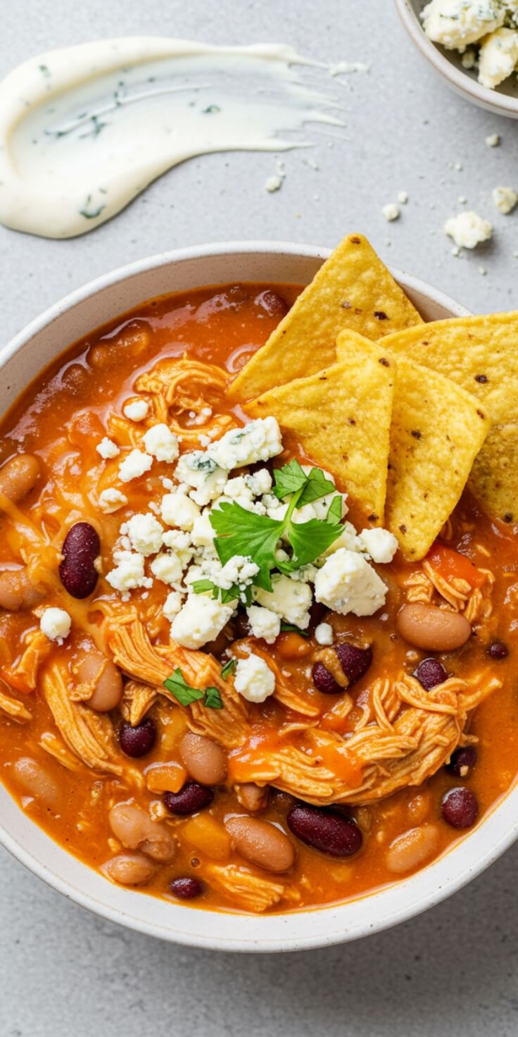 Perfect for game day or chili season, this Buffalo Chicken Chili brings the heat with hot sauce, tender shredded chicken, and a creamy finish. A bold twist on comfort food.