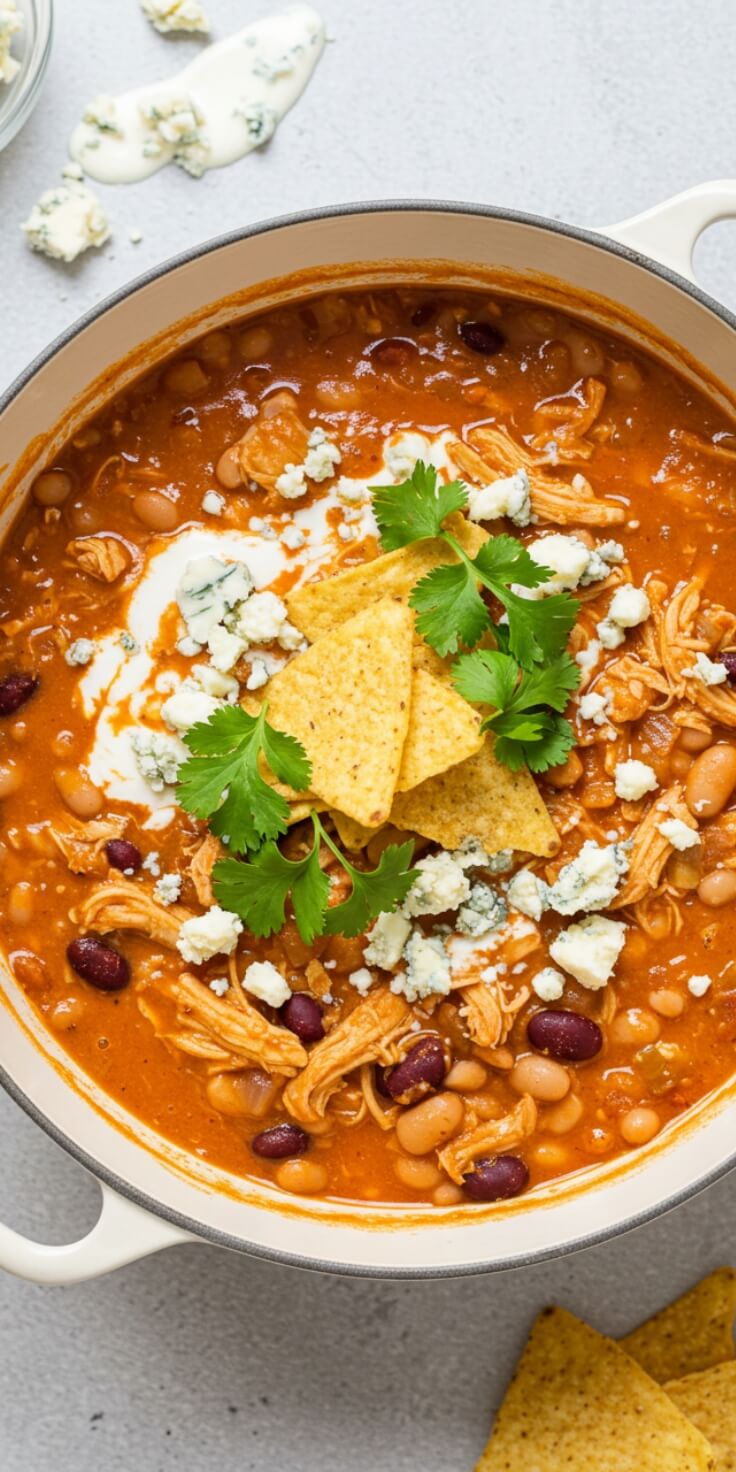 Perfect for game day or chili season, this Buffalo Chicken Chili brings the heat with hot sauce, tender shredded chicken, and a creamy finish. A bold twist on comfort food.