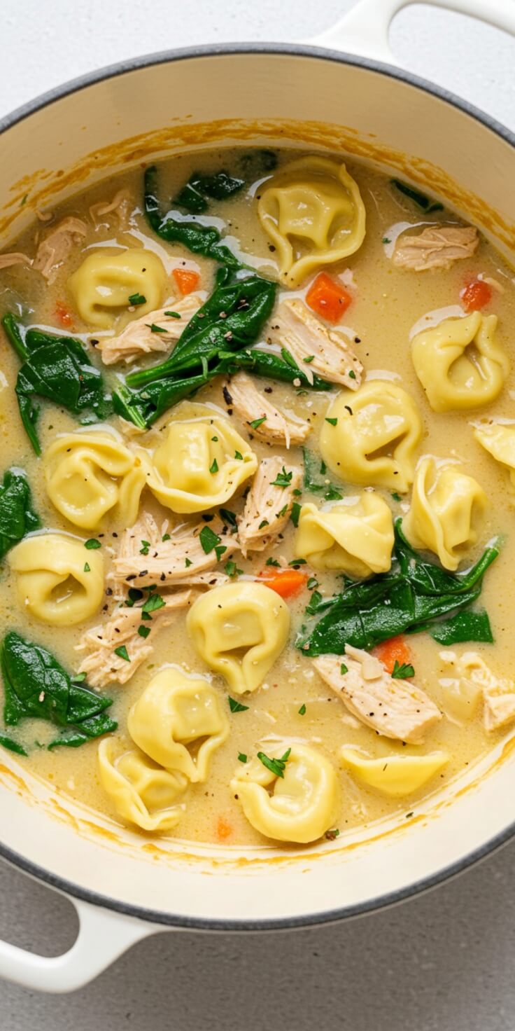 This Creamy Chicken Tortellini Soup is the definition of comfort—loaded with tender chicken, cheesy tortellini, and spinach in a rich broth, perfect for chilly nights, family dinners, or when you just need something warm and healing.