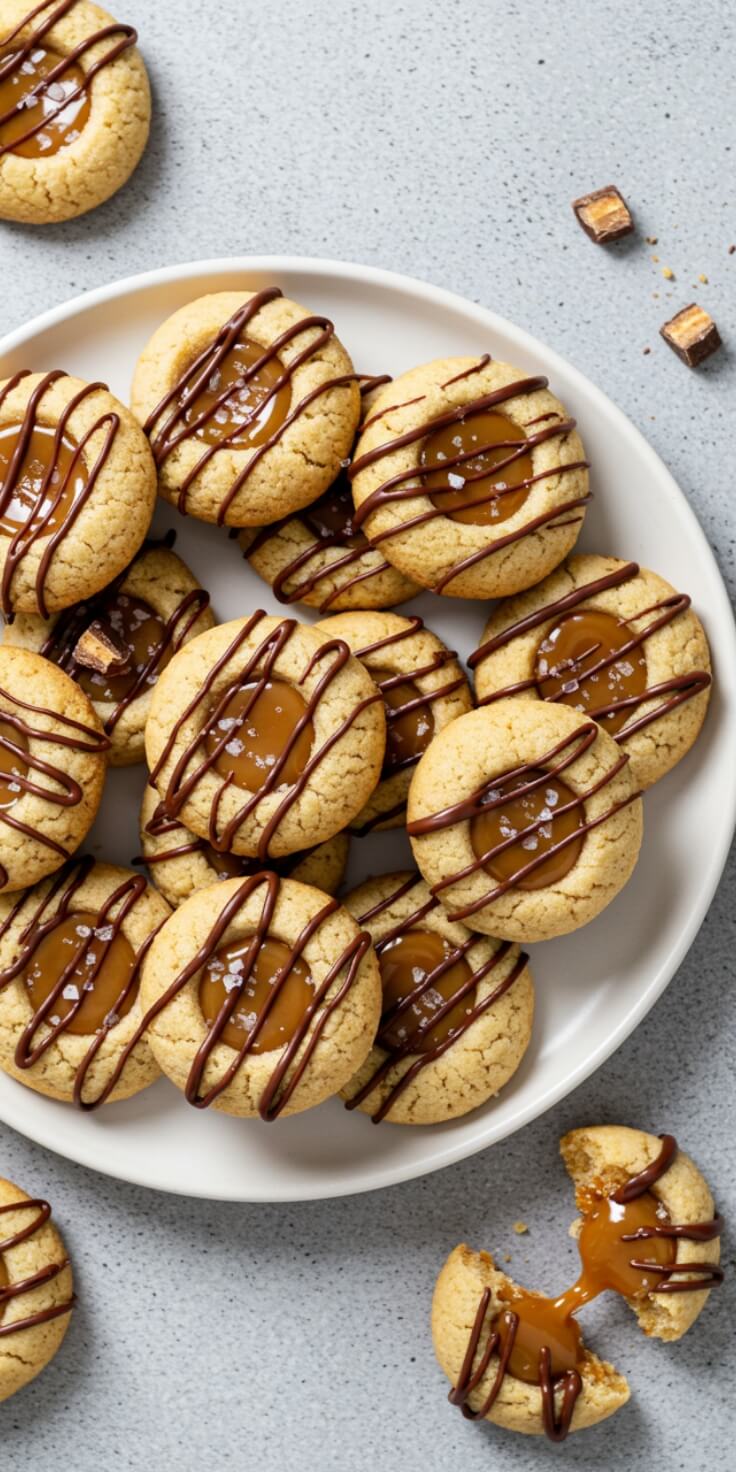 These Twix Thumbprint Cookies are filled with gooey caramel and topped with rich chocolate for the ultimate bite. It’s perfect for parties, holidays, and dessert tables. 