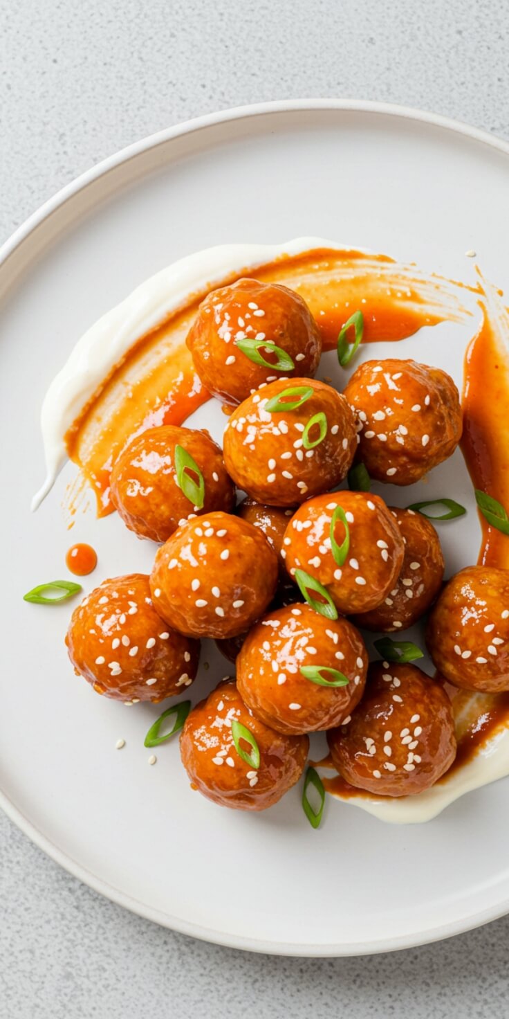 Firecracker Chicken Meatballs are a delicious and spicy appetizer that features tender chicken meatballs coated in a glossy, spicy sauce.