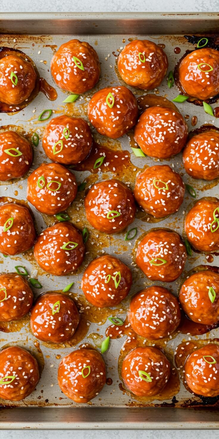 Firecracker Chicken Meatballs are a delicious and spicy appetizer that features tender chicken meatballs coated in a glossy, spicy sauce.