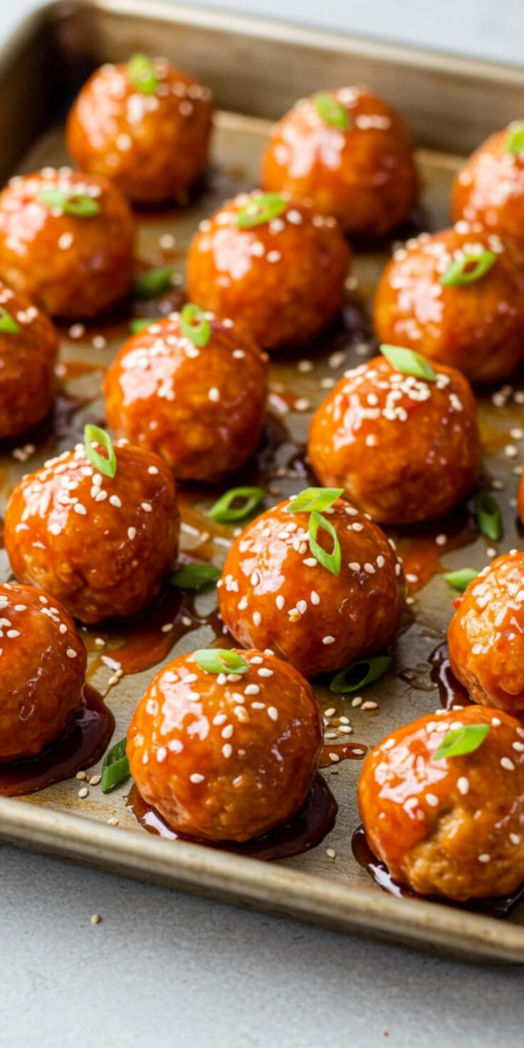 Firecracker Chicken Meatballs are a delicious and spicy appetizer that features tender chicken meatballs coated in a glossy, spicy sauce.