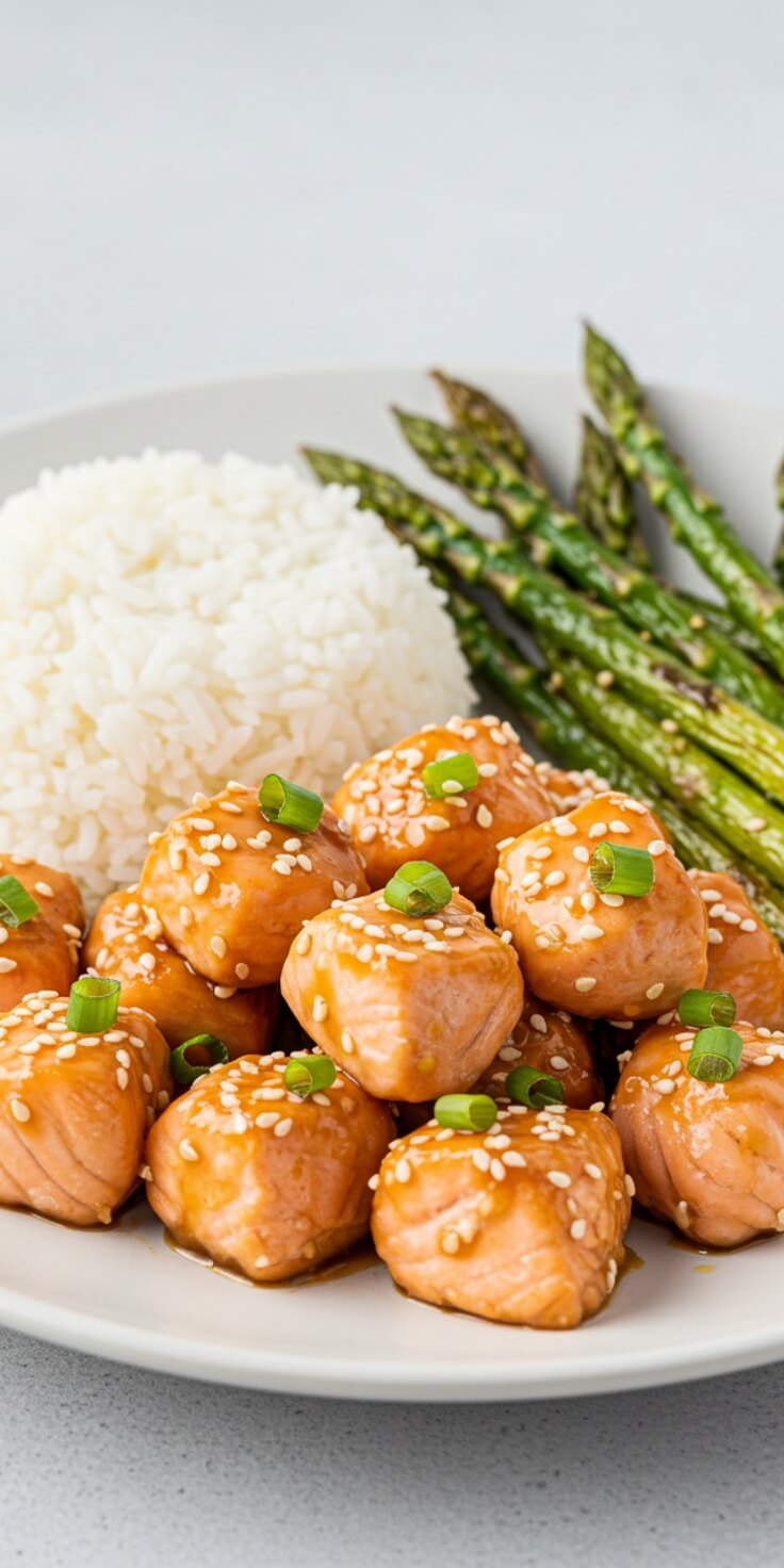 Honey Garlic Salmon Bites are a delicious and visually appealing dish that combines tender salmon with a flavorful honey garlic sauce, all served on a bed of fluffy white rice.