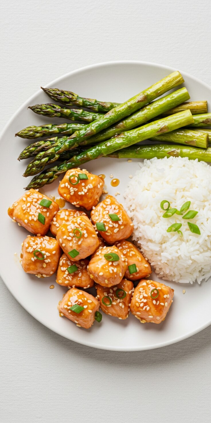 Honey Garlic Salmon Bites are a delicious and visually appealing dish that combines tender salmon with a flavorful honey garlic sauce, all served on a bed of fluffy white rice.