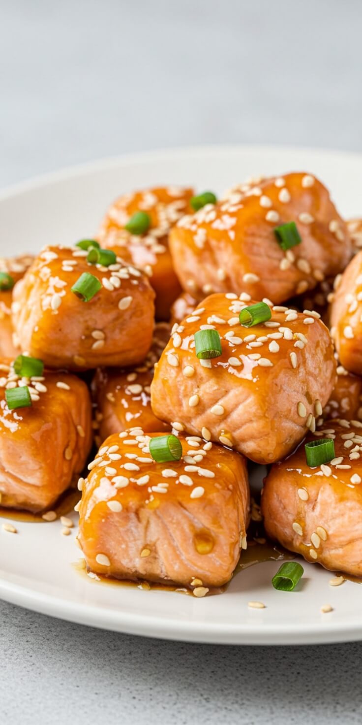 Honey Garlic Salmon Bites are a delicious and visually appealing dish that combines tender salmon with a flavorful honey garlic sauce, all served on a bed of fluffy white rice.