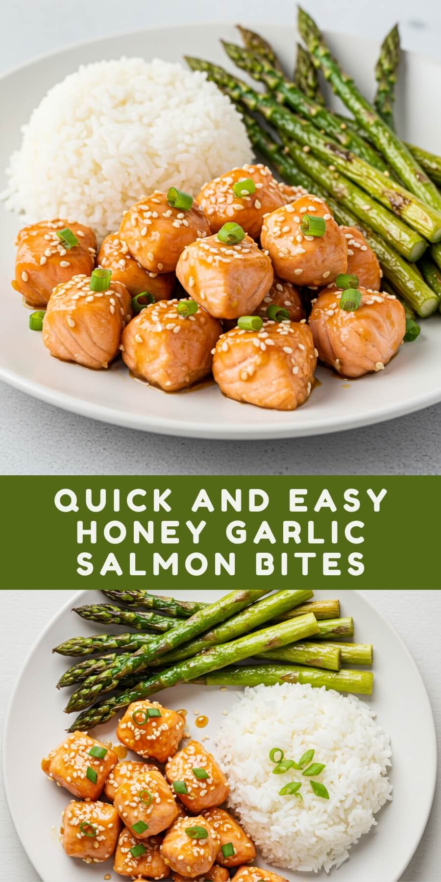 Honey Garlic Salmon Bites are a delicious and visually appealing dish that combines tender salmon with a flavorful honey garlic sauce, all served on a bed of fluffy white rice.