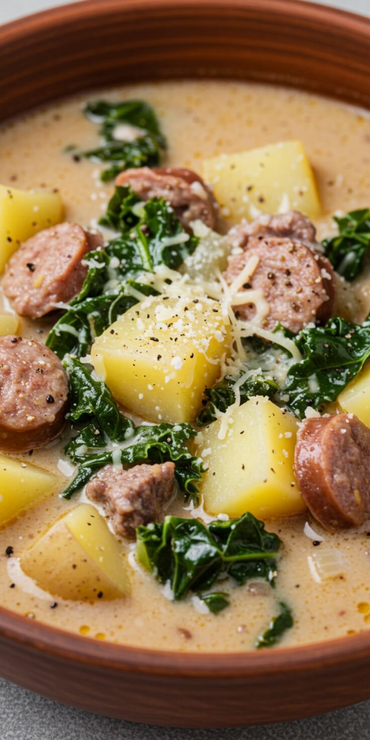 Hearty Zuppa Toscana soup with spicy Italian sausage, tender potatoes, and vibrant kale in a creamy broth. It’s perfect for cozy nights and comforting dinners.
