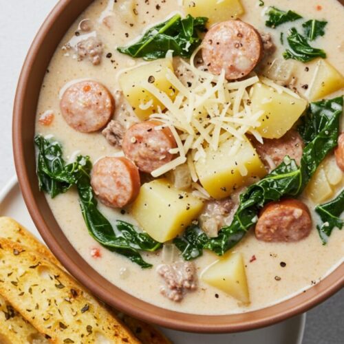 Hearty Zuppa Toscana soup with spicy Italian sausage, tender potatoes, and vibrant kale in a creamy broth. It’s perfect for cozy nights and comforting dinners.