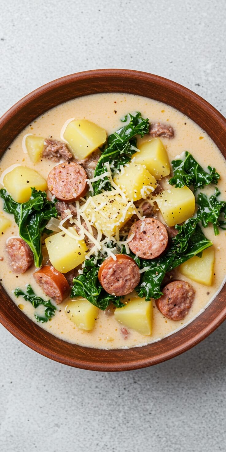 Hearty Zuppa Toscana soup with spicy Italian sausage, tender potatoes, and vibrant kale in a creamy broth. It’s perfect for cozy nights and comforting dinners.
