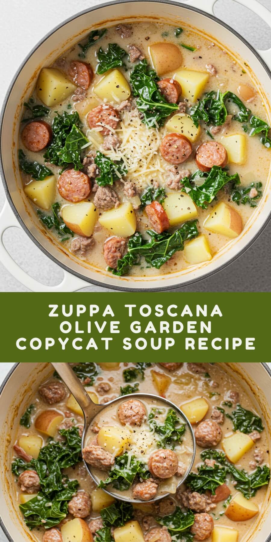Hearty Zuppa Toscana soup with spicy Italian sausage, tender potatoes, and vibrant kale in a creamy broth. It’s perfect for cozy nights and comforting dinners.