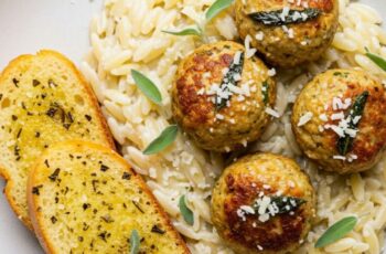 Baked Sage Chicken Meatballs with Creamy Parmesan Orzo Recipe
