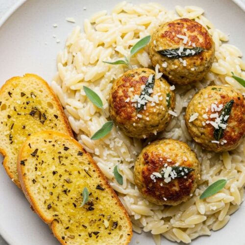 Baked Sage Chicken Meatballs with Creamy Parmesan Orzo Recipe