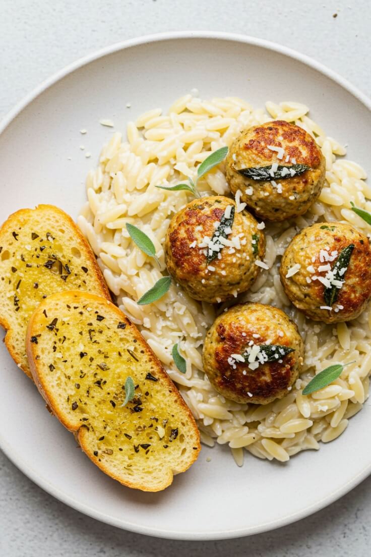 Baked Sage Chicken Meatballs with Creamy Parmesan Orzo Recipe