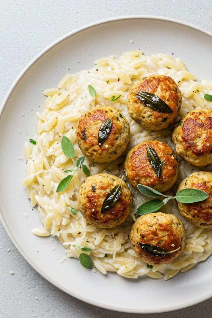 Baked Sage Chicken Meatballs with Creamy Parmesan Orzo Recipe