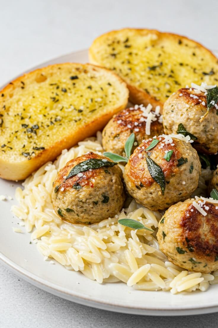 Baked Sage Chicken Meatballs with Creamy Parmesan Orzo Recipe