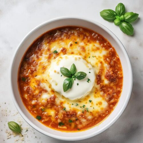 Cheesy Creamy Lasagna Soup combines savory sausage, hearty tomatoes, tender pasta, and a rich blend of cheeses, finished with a touch of fresh basil for a comforting Italian twist!