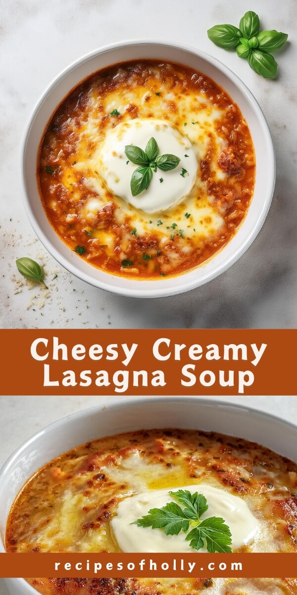 Cheesy Creamy Lasagna Soup combines savory sausage, hearty tomatoes, tender pasta, and a rich blend of cheeses, finished with a touch of fresh basil for a comforting Italian twist!