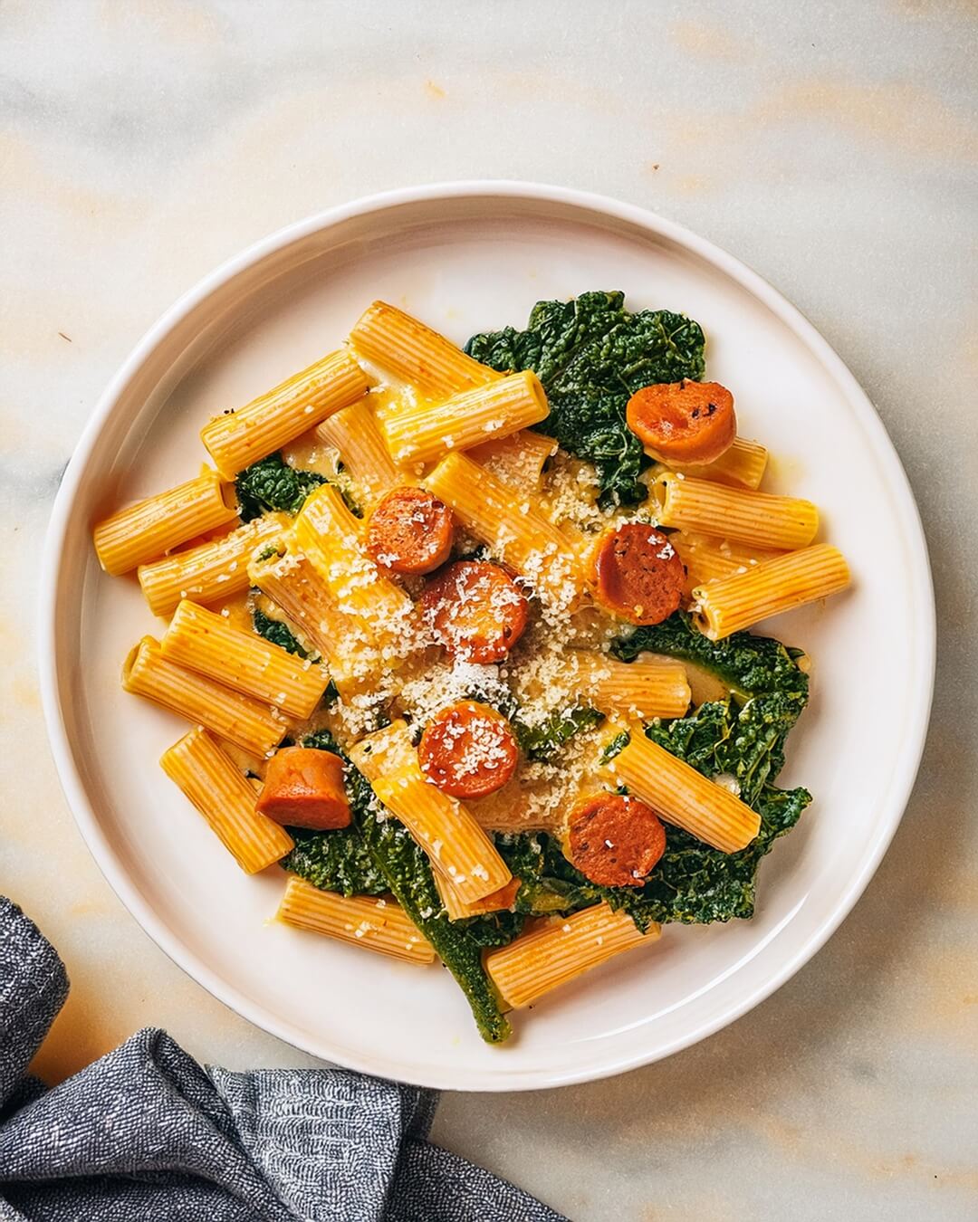 Creamy Pumpkin Pasta with Italian sausage, fresh sage, and kale in a velvety pumpkin sauce. Cozy, comforting, and packed with fall flavors in every bite!