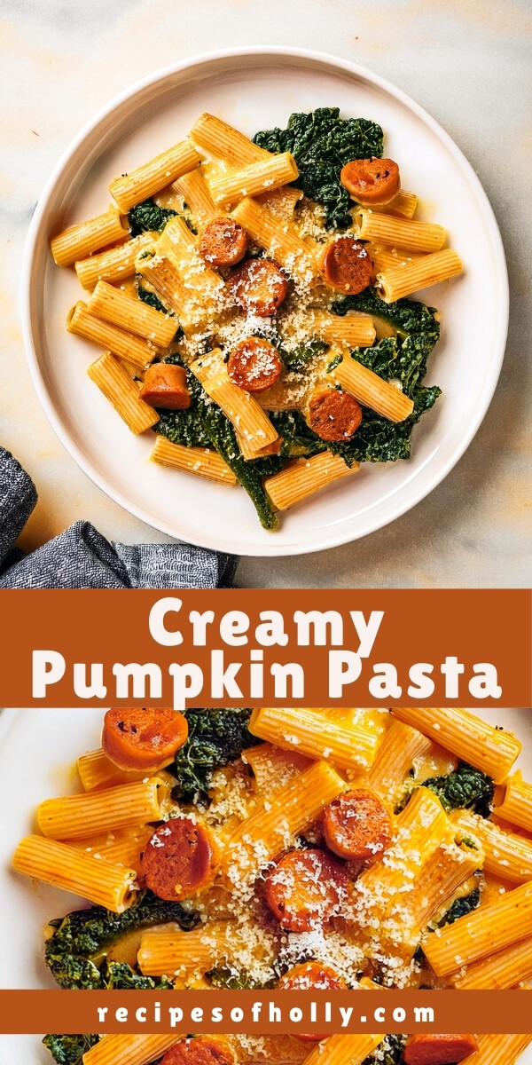 Creamy Pumpkin Pasta with Italian sausage, fresh sage, and kale in a velvety pumpkin sauce. Cozy, comforting, and packed with fall flavors in every bite!