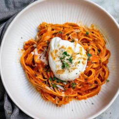 This Creamy Red Pepper Pasta is silky, savory, and packed with flavor from roasted peppers, garlic, and fresh herbs, finished with burrata for an irresistible touch!