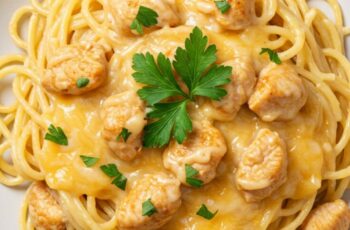Tender chicken, spaghetti, and creamy cheese come together in this slow-cooker recipe for the ultimate comfort meal.