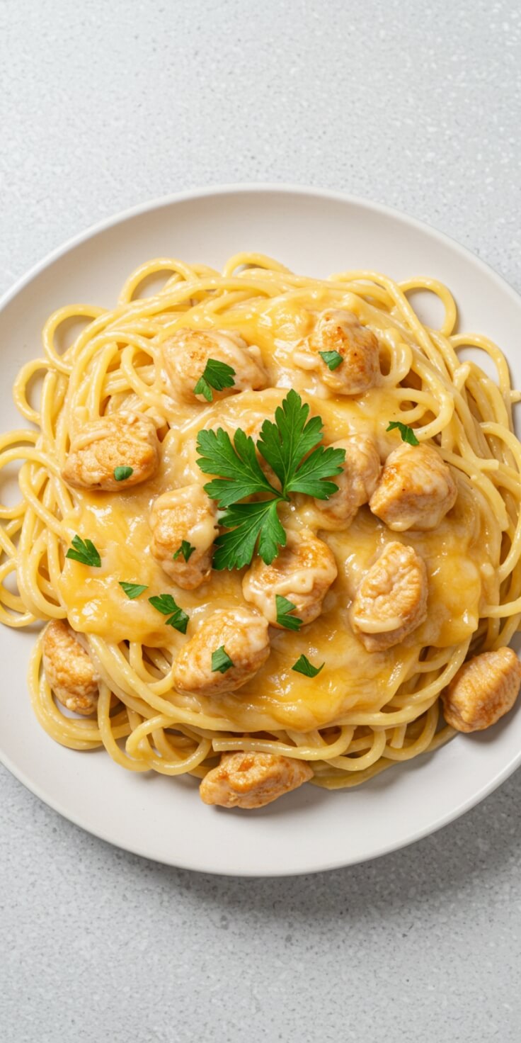 Tender chicken, spaghetti, and creamy cheese come together in this slow-cooker recipe for the ultimate comfort meal.