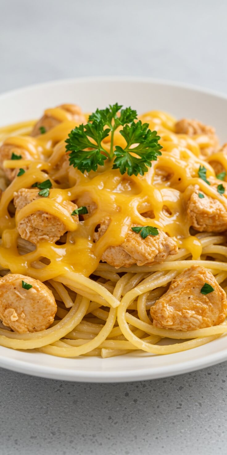 Tender chicken, spaghetti, and creamy cheese come together in this slow-cooker recipe for the ultimate comfort meal.