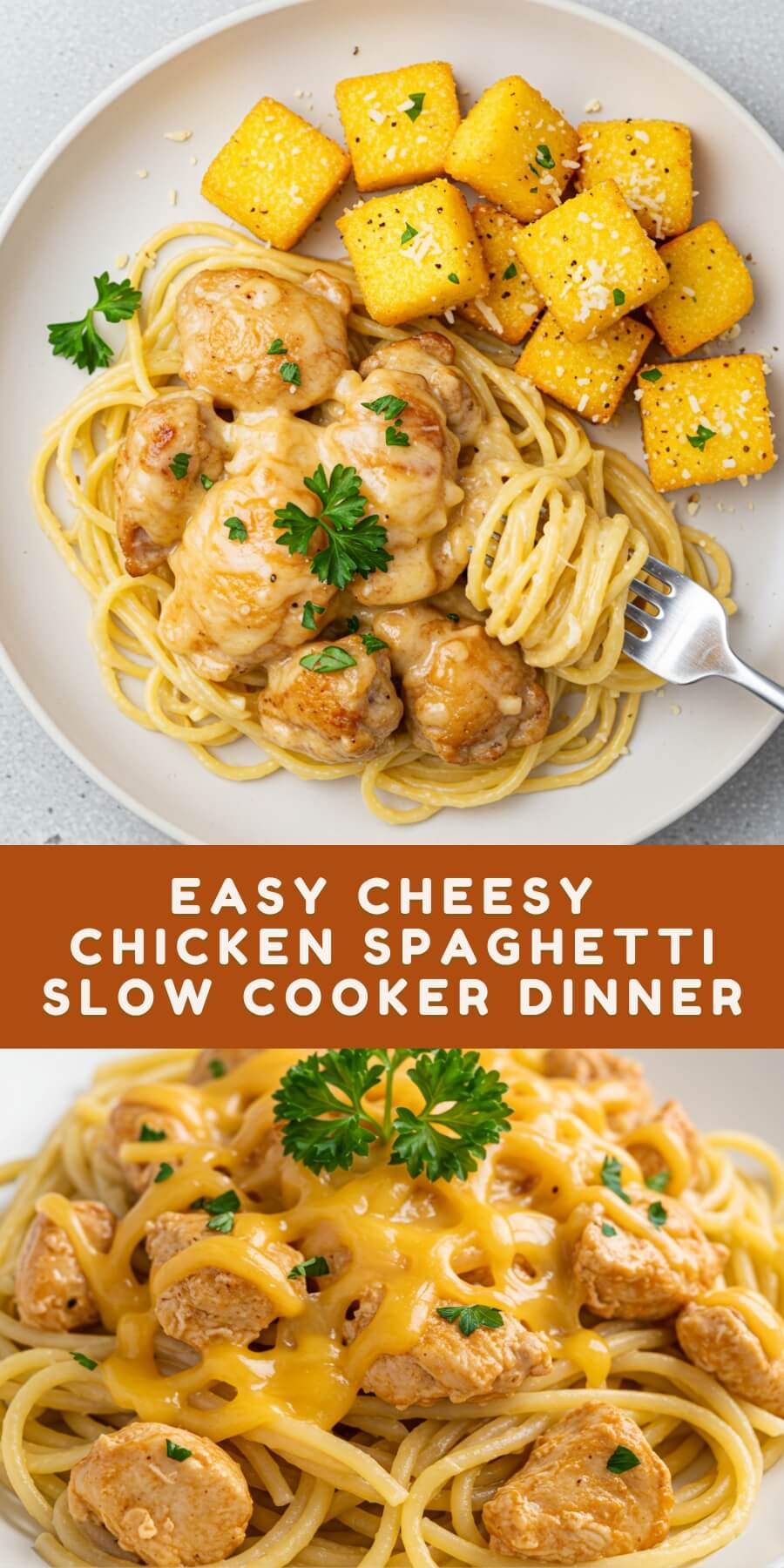 Tender chicken, spaghetti, and creamy cheese come together in this slow-cooker recipe for the ultimate comfort meal.