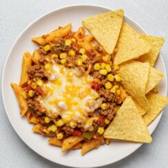 This Southwestern Corn Skillet is loaded with tender pasta, seasoned beef, zesty corn, and melty cheese in one pan. Perfect for busy weeknights and family dinners. 🌽🍝🧀