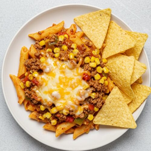This Southwestern Corn Skillet is loaded with tender pasta, seasoned beef, zesty corn, and melty cheese in one pan. Perfect for busy weeknights and family dinners. 🌽🍝🧀