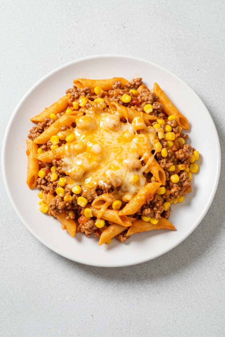 This Southwestern Corn Skillet is loaded with tender pasta, seasoned beef, zesty corn, and melty cheese in one pan. Perfect for busy weeknights and family dinners. 🌽🍝🧀