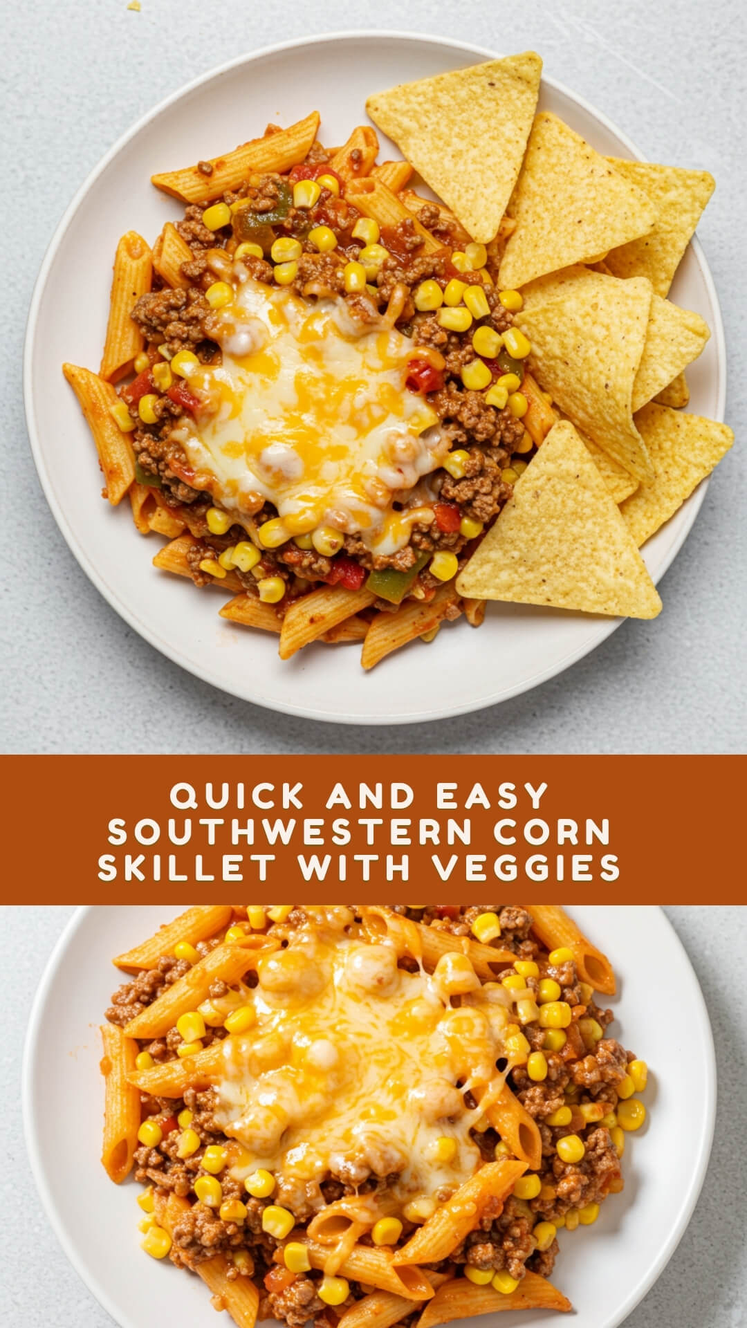 This Southwestern Corn Skillet is loaded with tender pasta, seasoned beef, zesty corn, and melty cheese in one pan. Perfect for busy weeknights and family dinners. 🌽🍝🧀