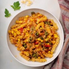 This Southwestern Corn Skillet is loaded with tender pasta, seasoned beef, zesty corn, and melty cheese for an easy, flavor-packed meal the whole family will love!