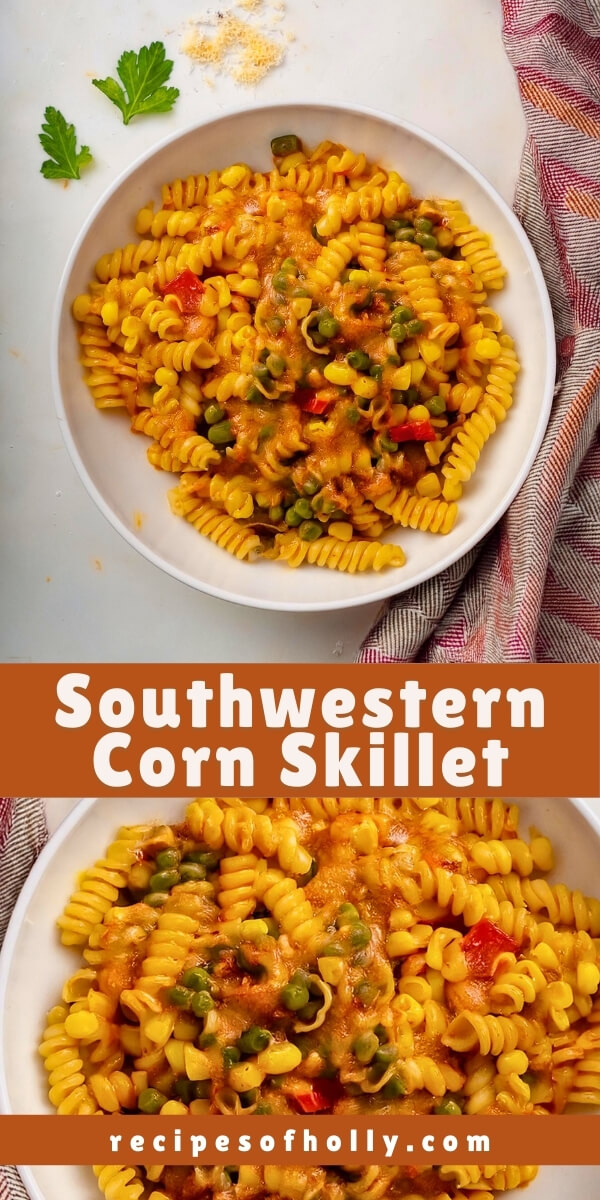 This Southwestern Corn Skillet is loaded with tender pasta, seasoned beef, zesty corn, and melty cheese for an easy, flavor-packed meal the whole family will love!