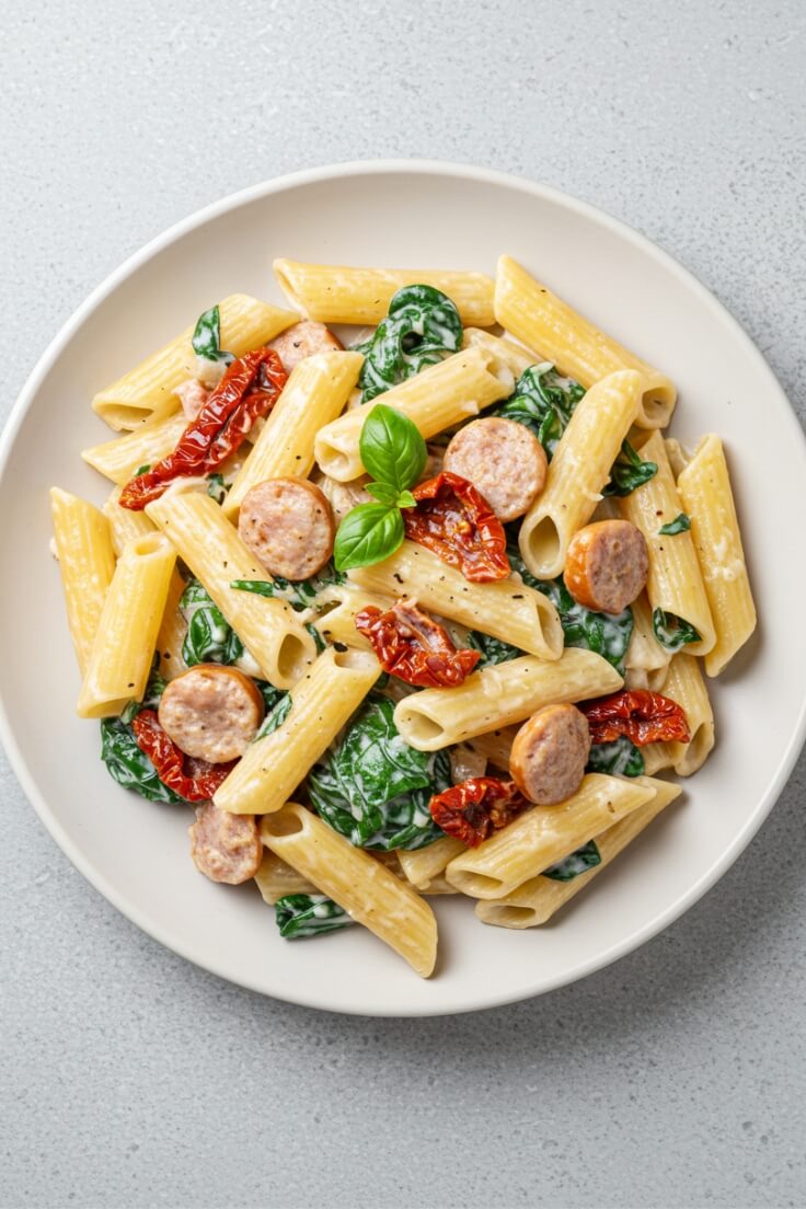 Best Creamy Tuscan Sausage Pasta with Spinach and Tomatoes