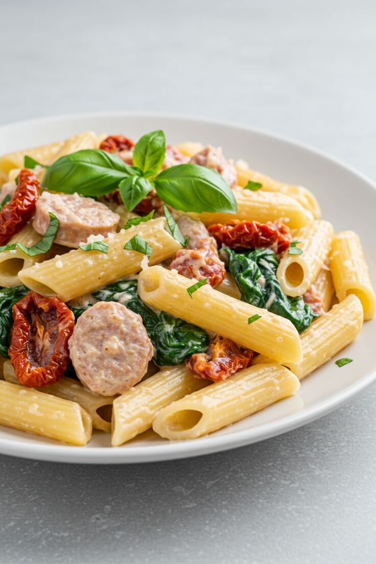 Best Creamy Tuscan Sausage Pasta with Spinach and Tomatoes