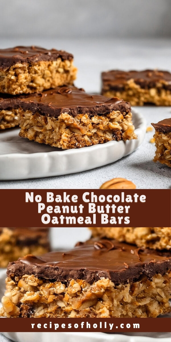 These No Bake Chocolate Peanut Butter Oatmeal Bars are naturally sweetened, packed with oats, and topped with dark chocolate bliss