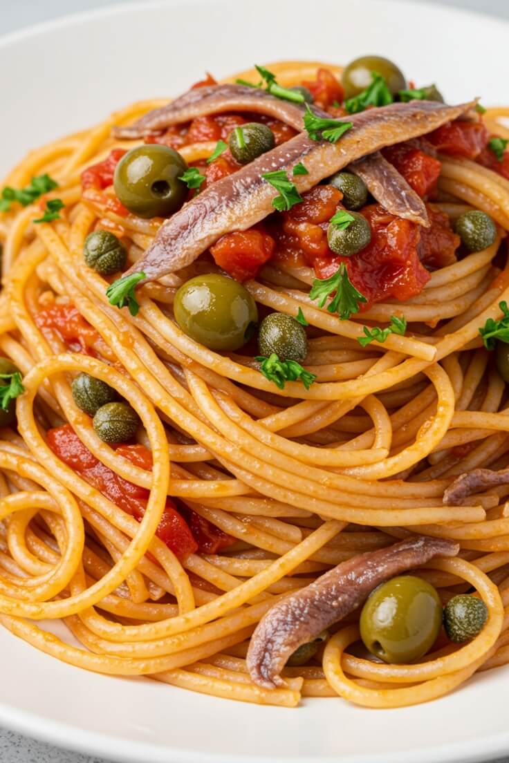 Classic Pasta Puttanesca Recipe with Capers and Anchovies