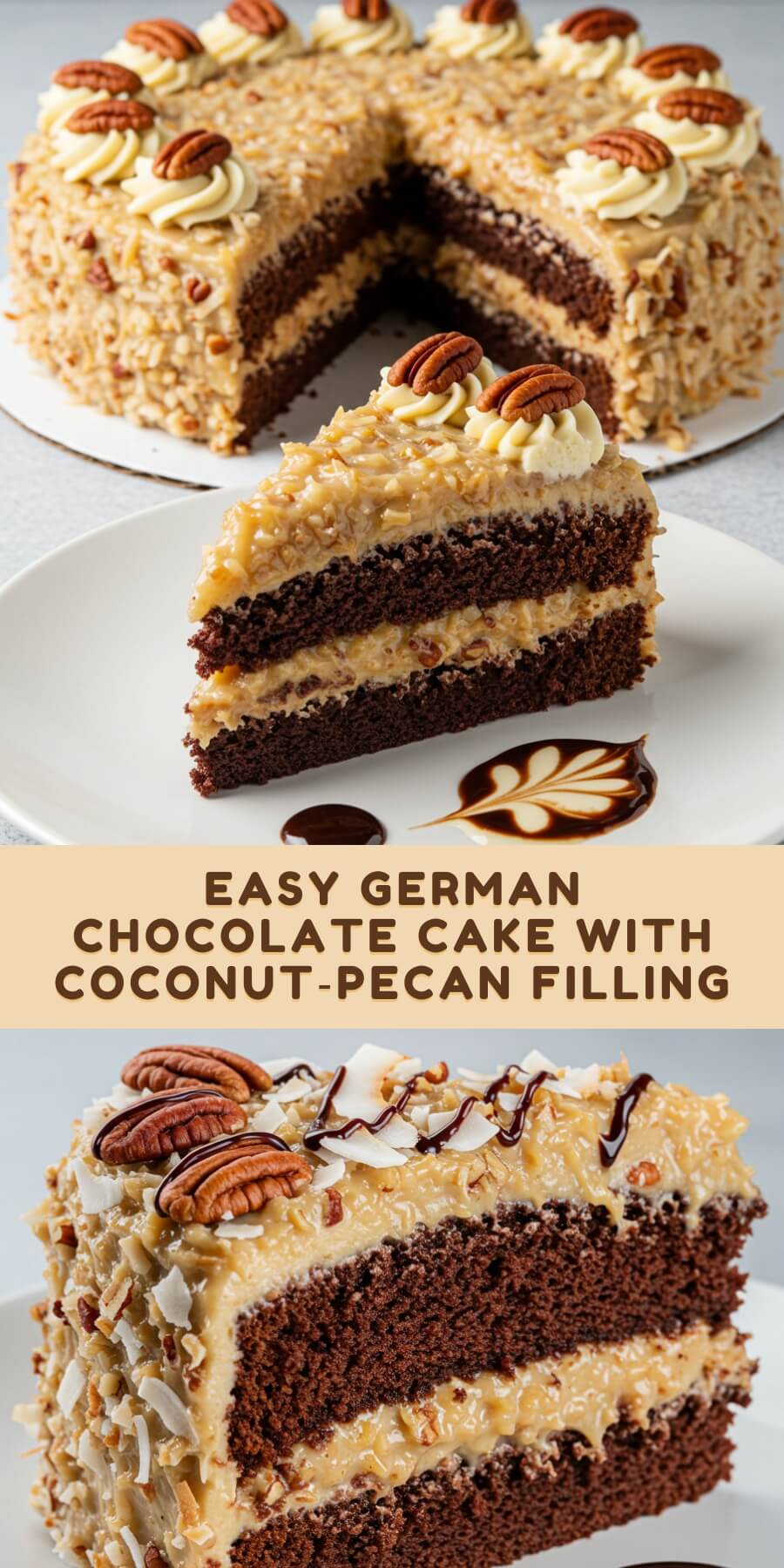 Decadent chocolate layers sandwiched with rich, gooey coconut‑pecan filling—this German chocolate cake is the ultimate celebration dessert with nostalgic, indulgent vibes.