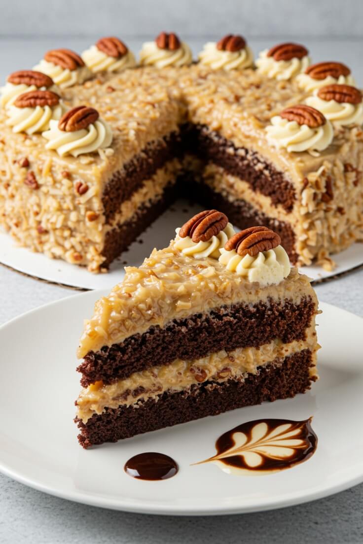 Decadent chocolate layers sandwiched with rich, gooey coconut‑pecan filling—this German chocolate cake is the ultimate celebration dessert with nostalgic, indulgent vibes.