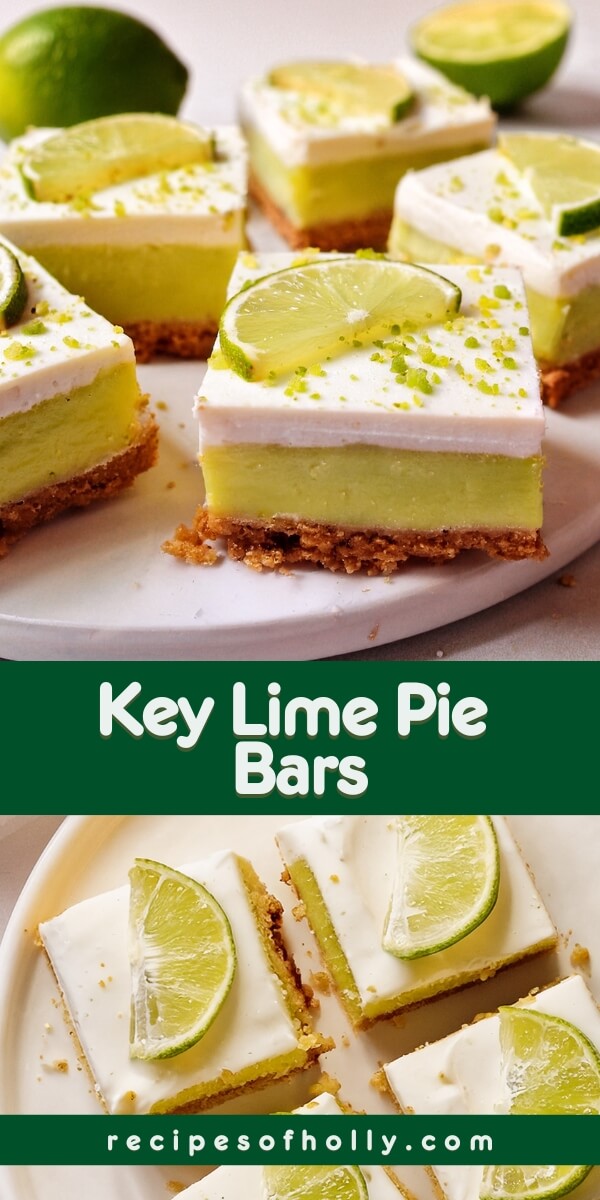 Key Lime Pie Bars are a tangy, creamy dessert with a buttery crust, a smooth lime filling, and a layer of fluffy whipped topping.