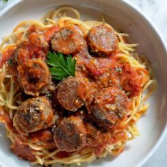 Sausage Spaghetti is a bold, comforting pasta dish loaded with Italian sausage, creamy marinara, peppers, and spinach over perfectly cooked spaghetti.