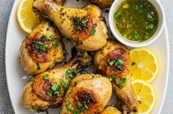 Baked Chicken Drumsticks marinated in a zesty herb-garlic blend with lemon, vinegar, and a kick of chili—crispy, juicy, and bursting with flavor! 🍗🌿