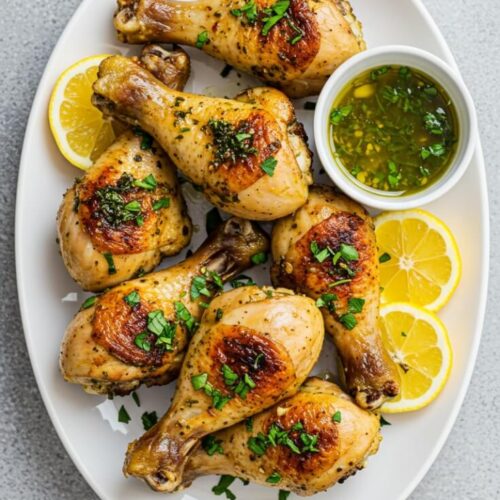 Baked Chicken Drumsticks marinated in a zesty herb-garlic blend with lemon, vinegar, and a kick of chili—crispy, juicy, and bursting with flavor! 🍗🌿