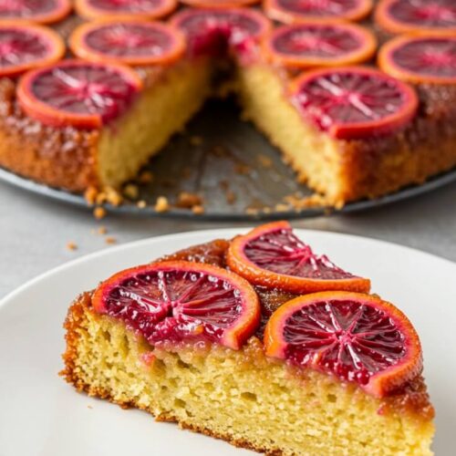 This Blood Orange Upside-Down Cake is a stunning showstopper! Juicy citrus, almond, and olive oil come together in every vibrant, buttery slice