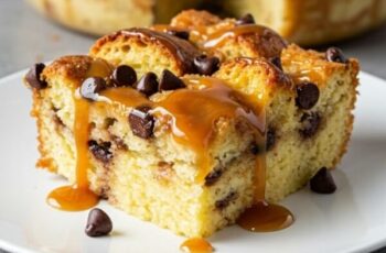 Chocolate Chip Bread Pudding is warm, rich, and comforting—soft custard-soaked bread studded with melty chocolate chips and baked to golden perfection!