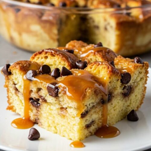 Chocolate Chip Bread Pudding is warm, rich, and comforting—soft custard-soaked bread studded with melty chocolate chips and baked to golden perfection!