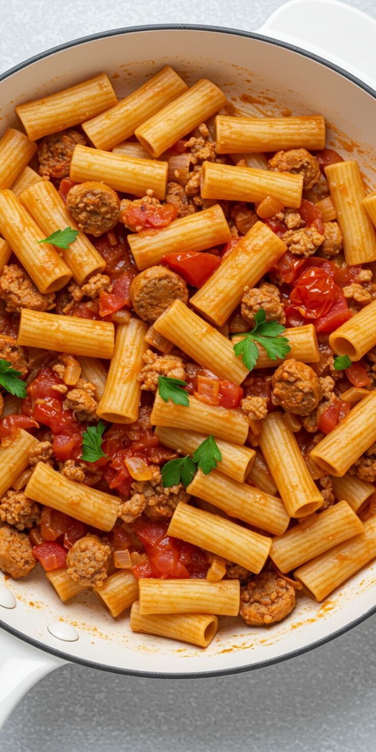 This creamy Sausage Rigatoni is packed with flavor—Italian sausage, garlic, and a rich tomato blend make it the perfect weeknight dinner.